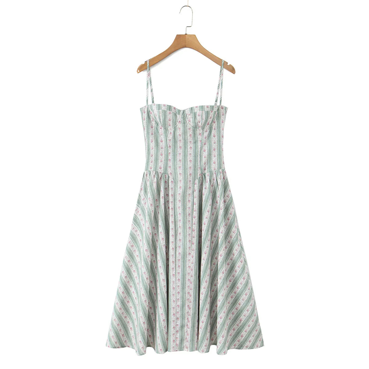 Green Striped Floral Print Corset Style Midi Dress - Sweet Fit & Flare