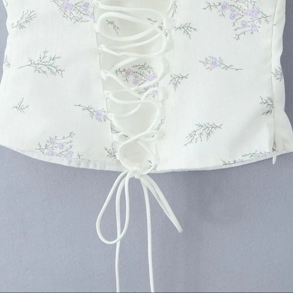 White Floral Print Tie Up Top