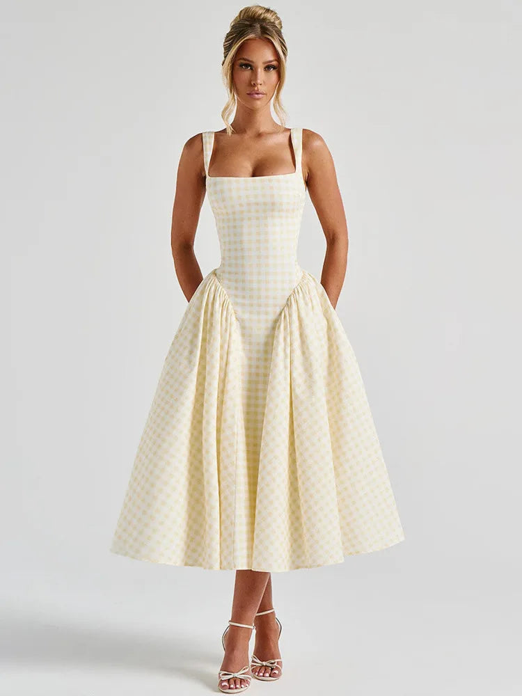 Plaid Printed Corset A-line Maxi Dress