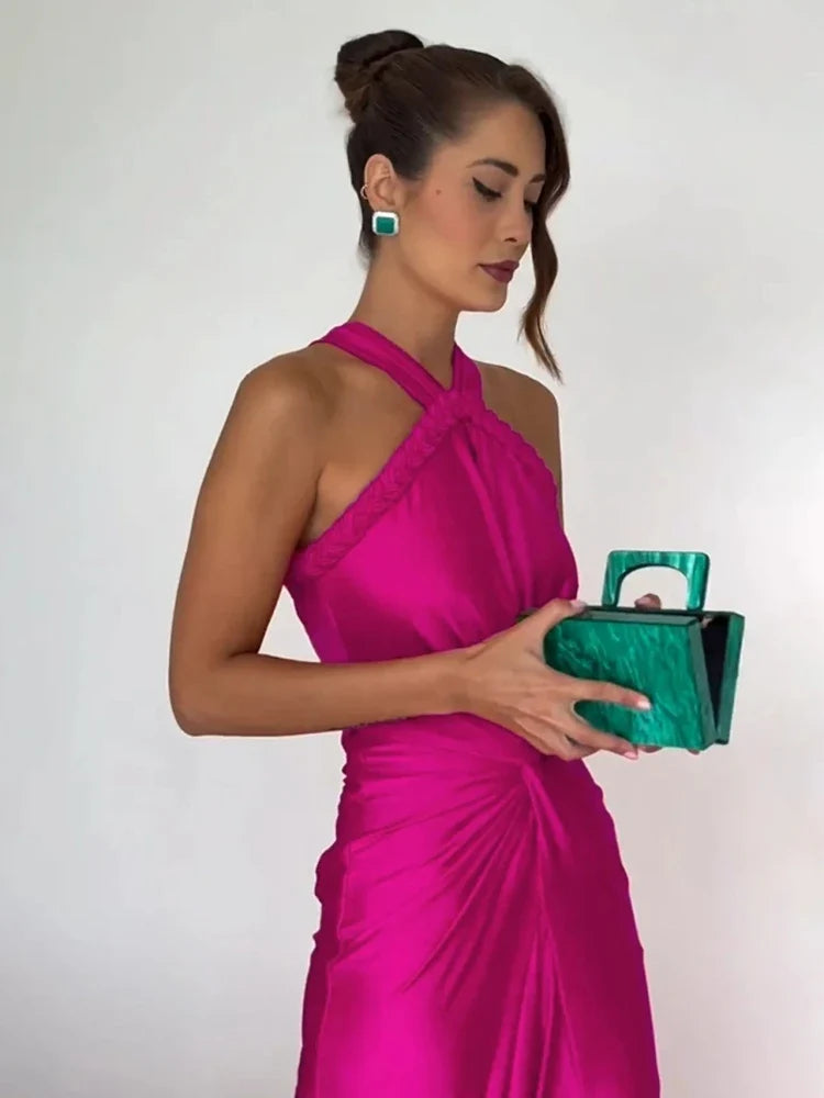 Braided Strap Satin Twisted Maxi Dress