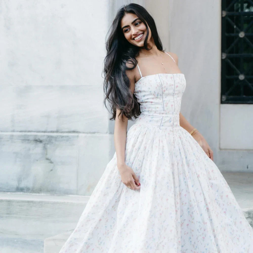 Strap Floral Printed Straight Neck Midi Dress