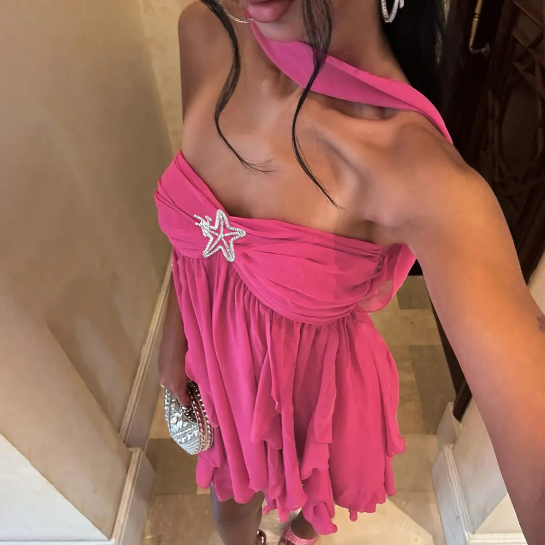 Frill Halter Around Neck Strapless Mini Dress