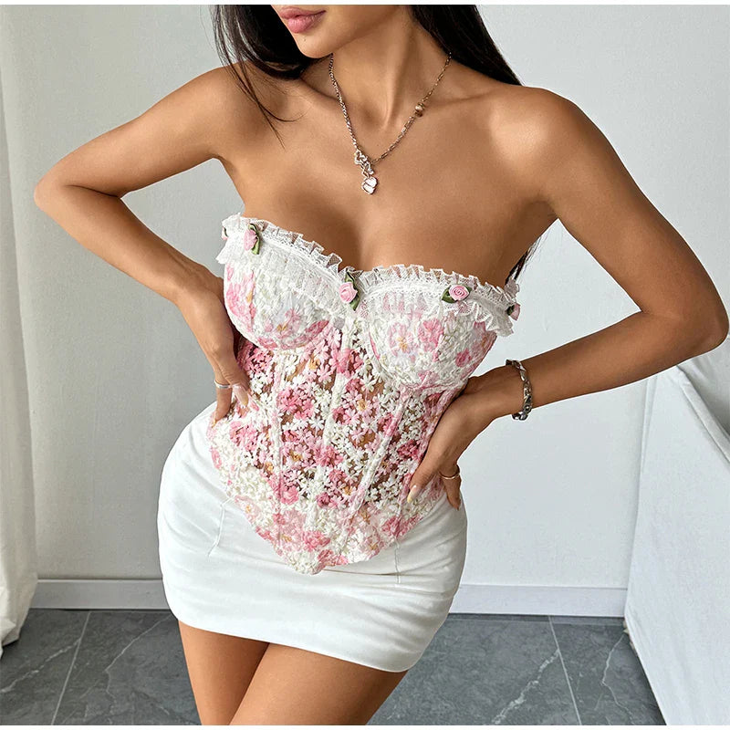 Flower Embroidery See Through Corset Top