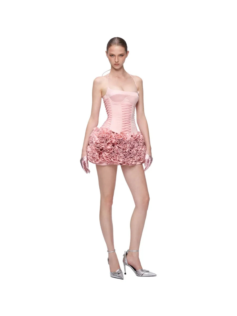 Pink Satin Corset And Frill 3d  Flower Mini Dress