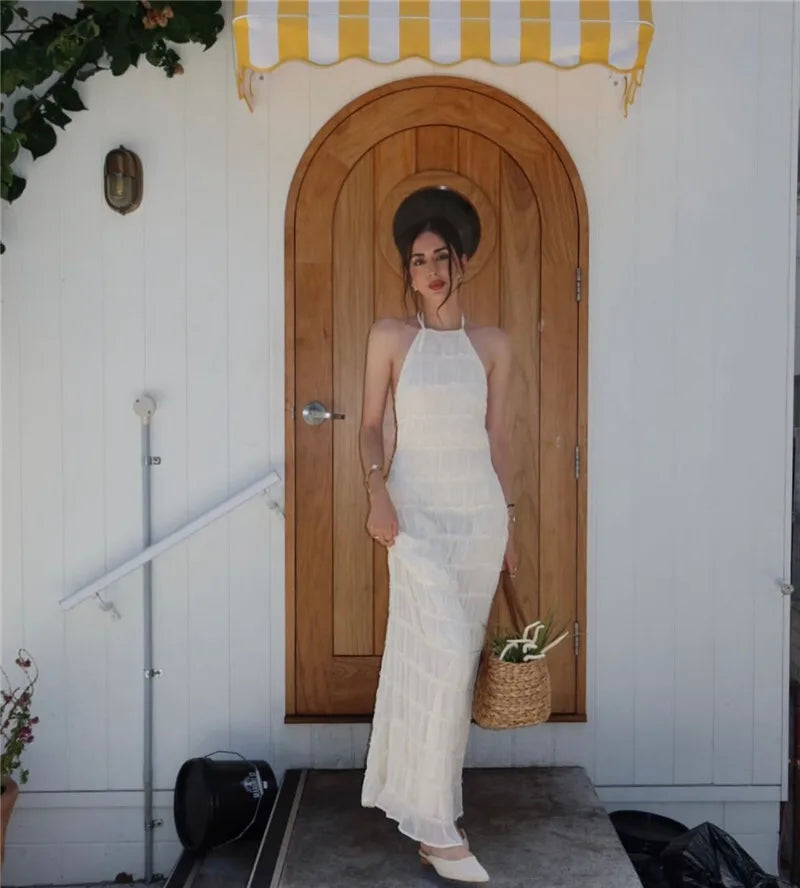 Halter Textured Open Back Maxi Dress