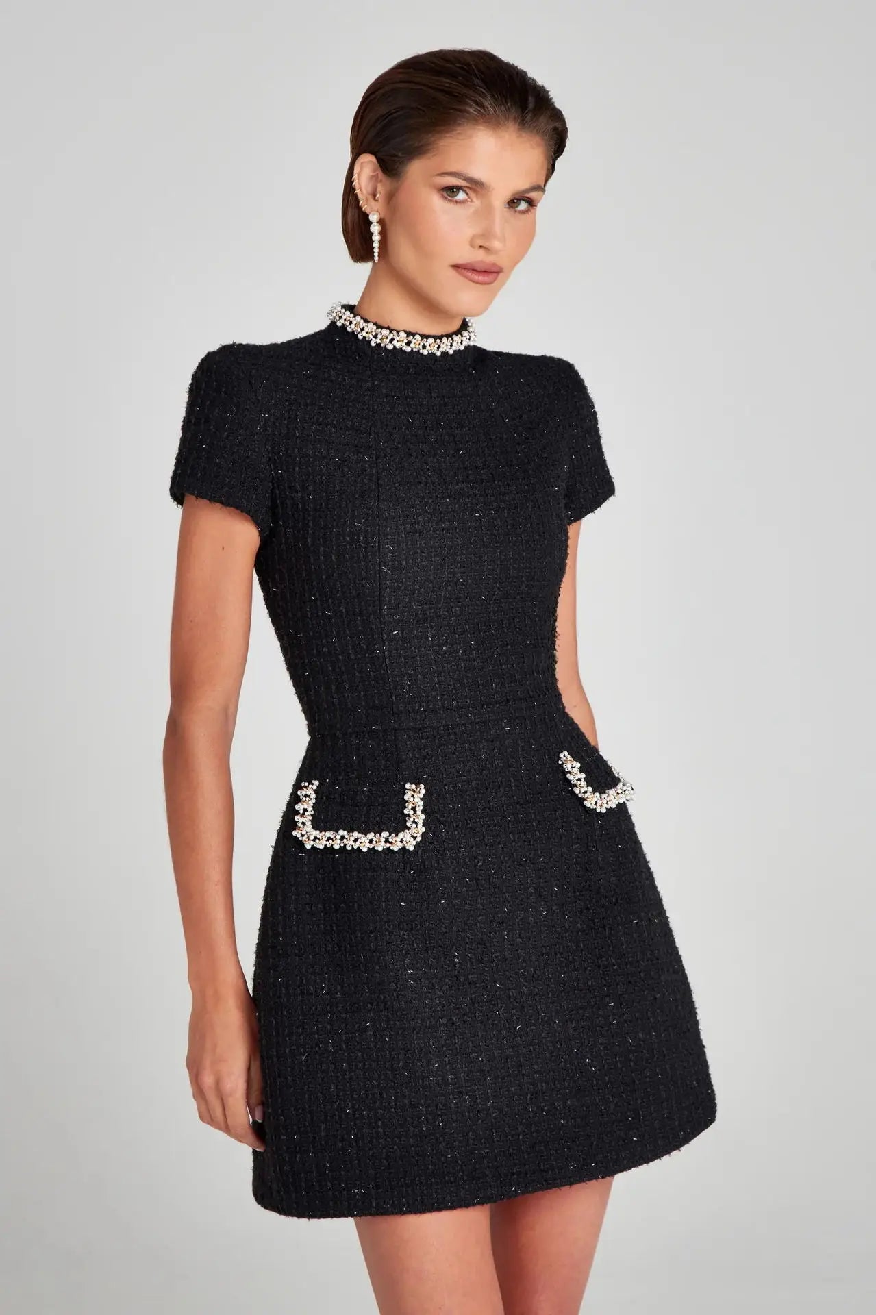 Tweed Solid Beaded Seam Mini Dress