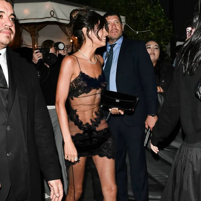 Mesh Lace Patchwork Spaghetti Strap Midi Dress