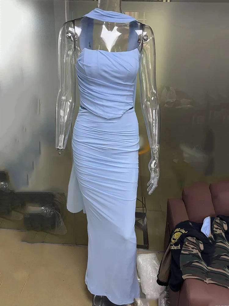 Solid Ruched Corset Top And Body-con Maxi Dress With Scarf Set