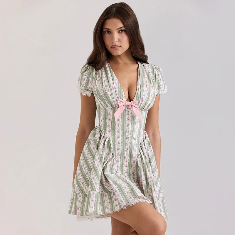 Plaid Print Puff Sleeve V-Neck Bow Flare Mini Dress