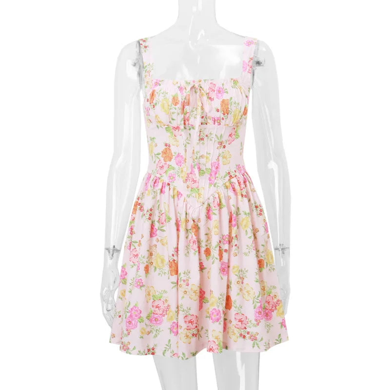 Printed Square Neck Strap Corset Mini Dress