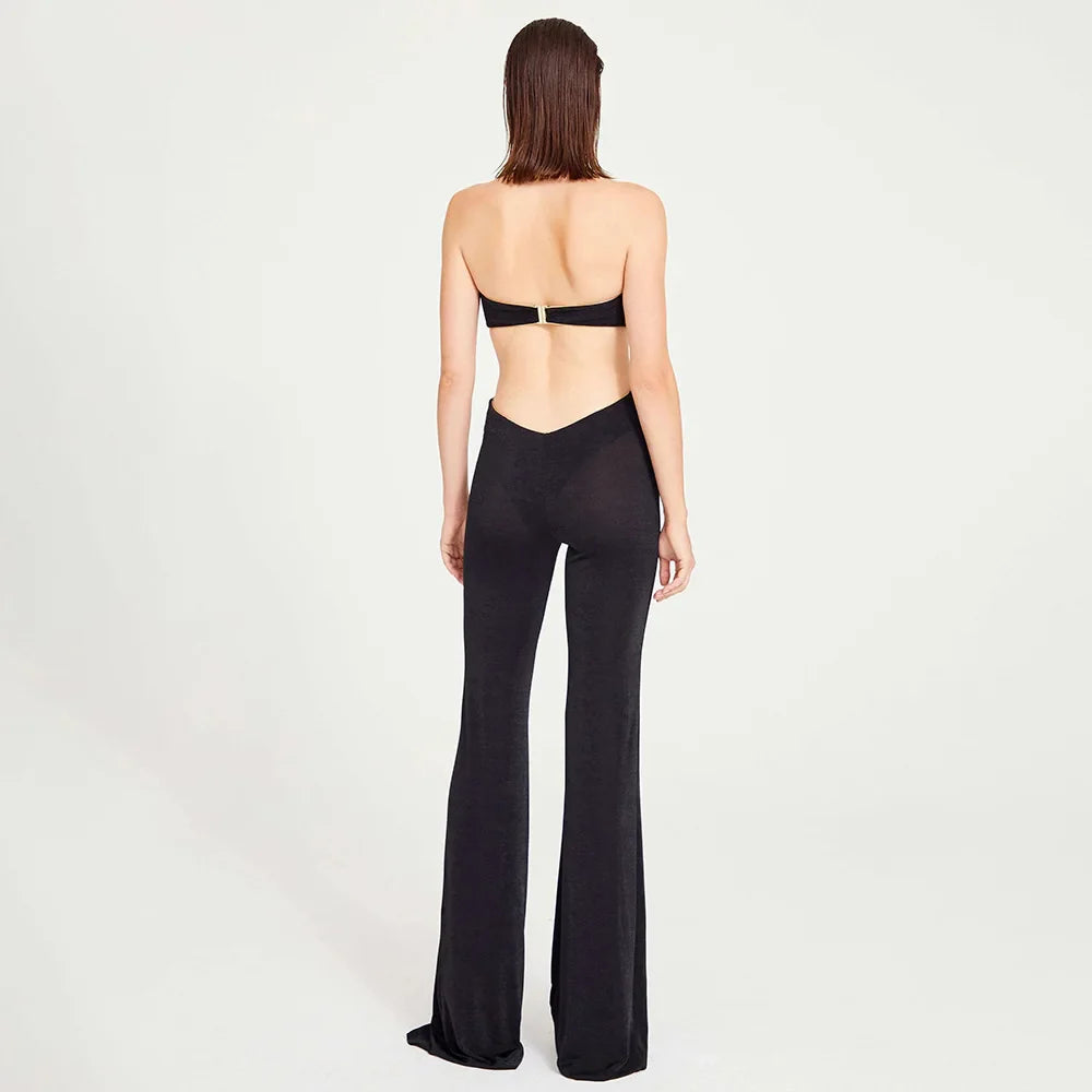 Black Cut Out Halter Golden Flower Jumpsuit