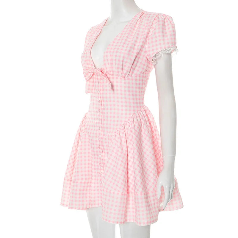 Plaid Print Puff Sleeve V-Neck Bow Flare Mini Dress