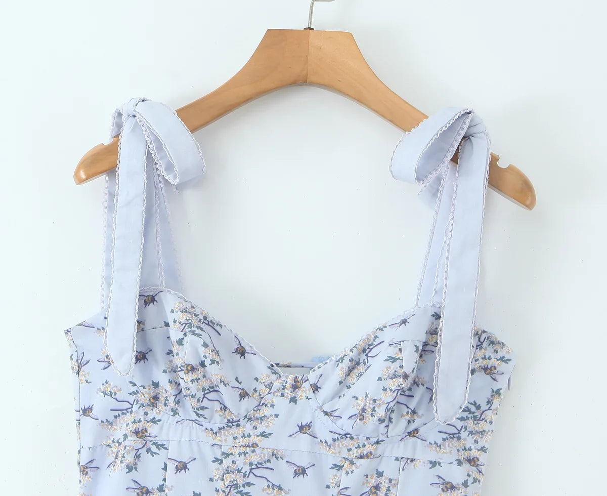 Blue Printed Midi Tie Up Dress