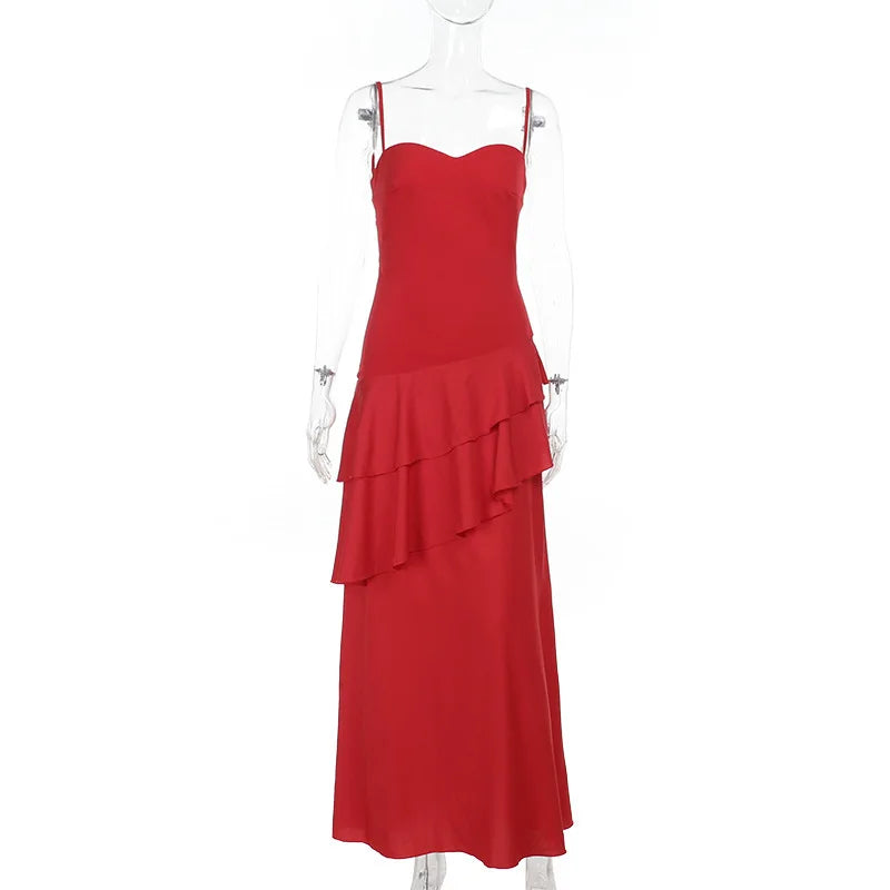 Red Ruffled Maxi Dress â€?Lace-Up Strappy Back