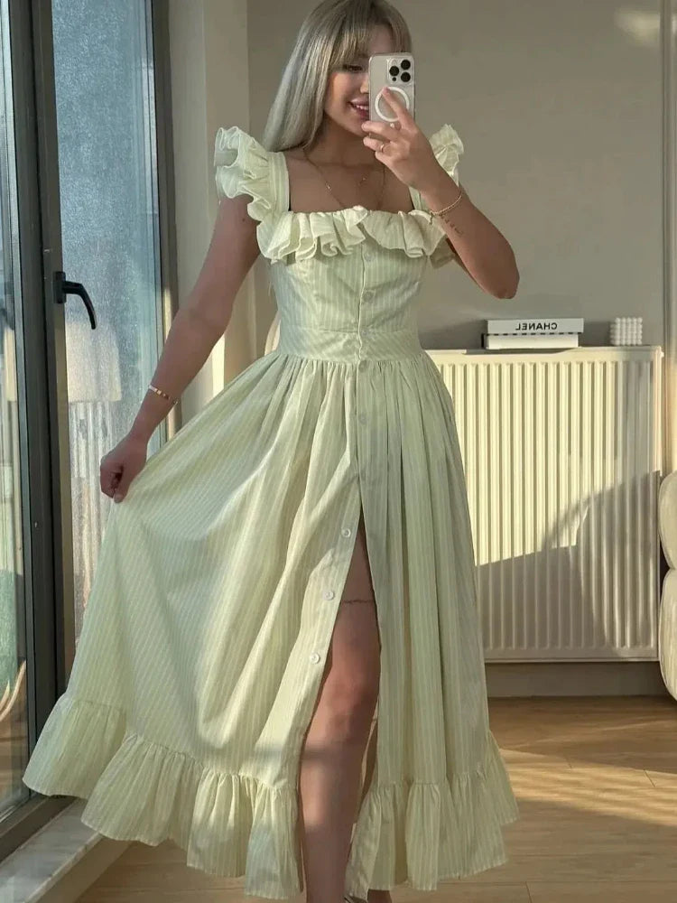 Ruffles Striped Square Collar Buttoned Long Dress