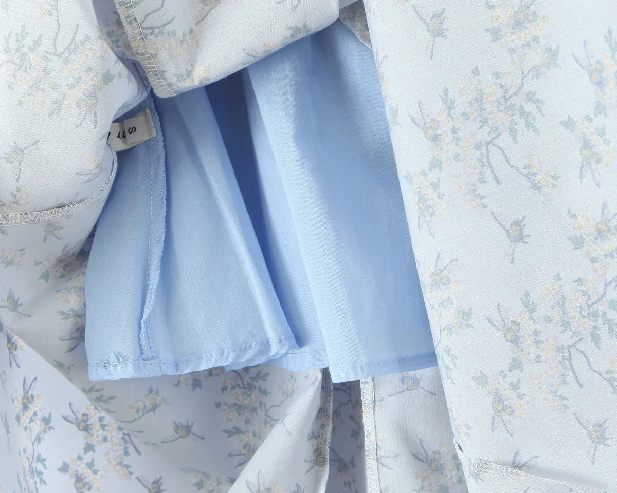 Blue Printed Midi Tie Up Dress