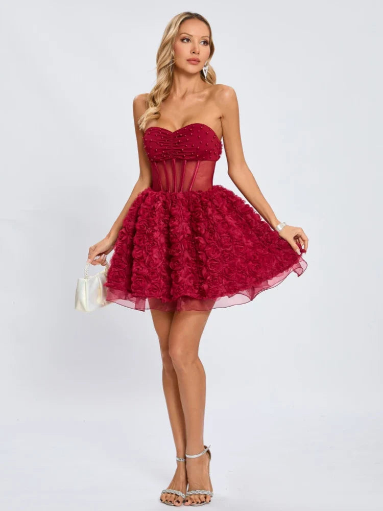 Red Mesh 3d Floral Frill Beaded Strapless Mini Dress