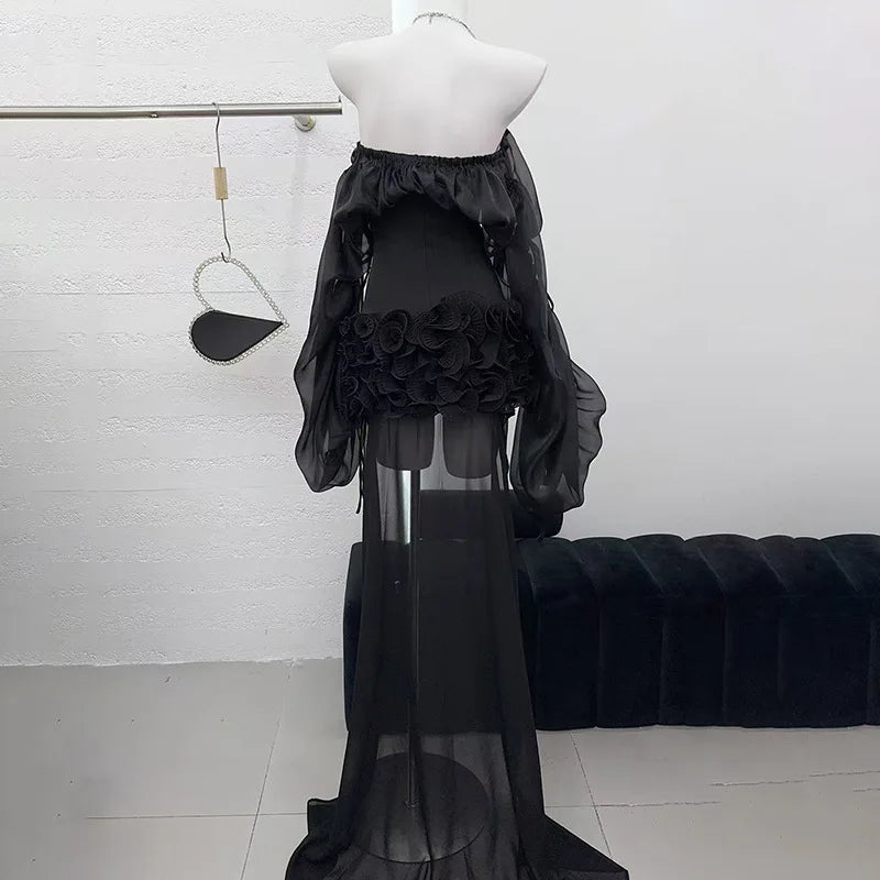 Off-Shoulder Long Sleeve Ruffles Mini Dress