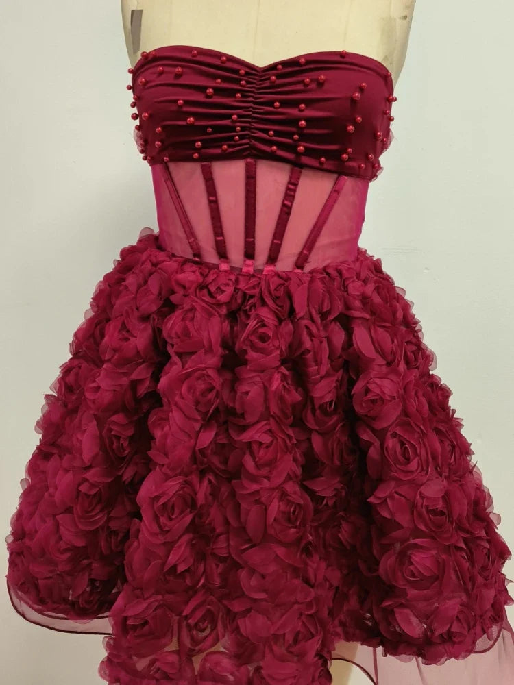 Red Mesh 3d Floral Frill Beaded Strapless Mini Dress
