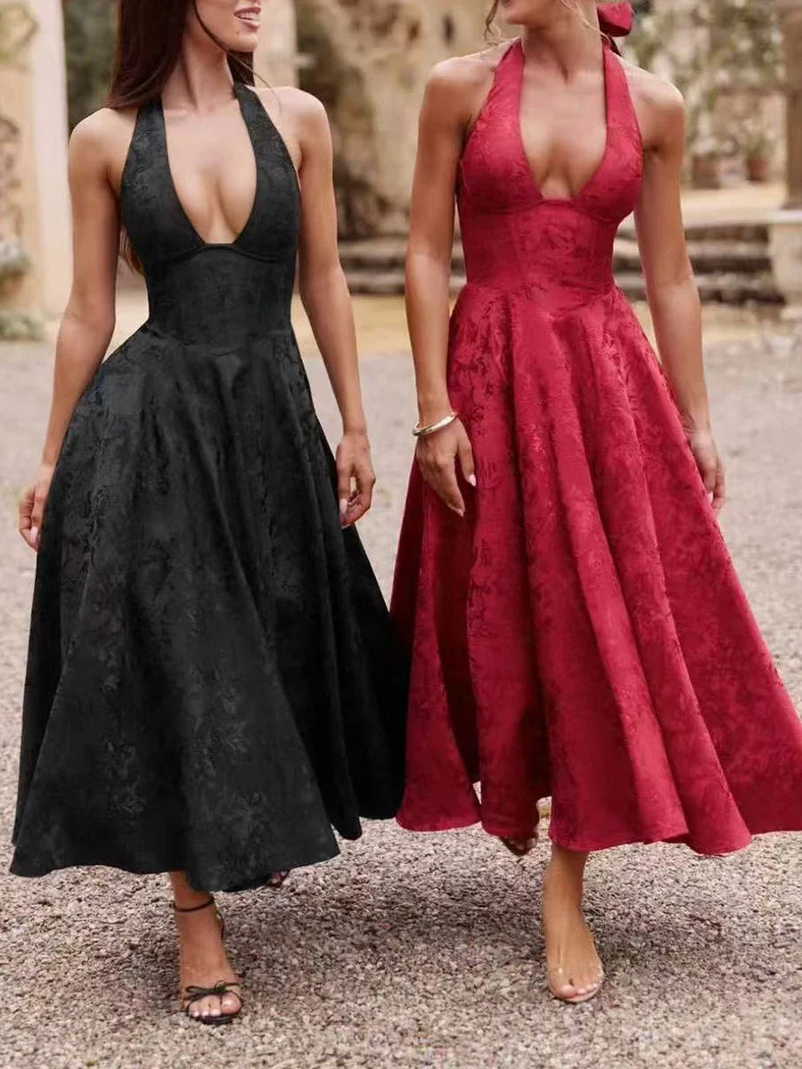 Satin Jacquard Deep Neck Print Flare Maxi Dress