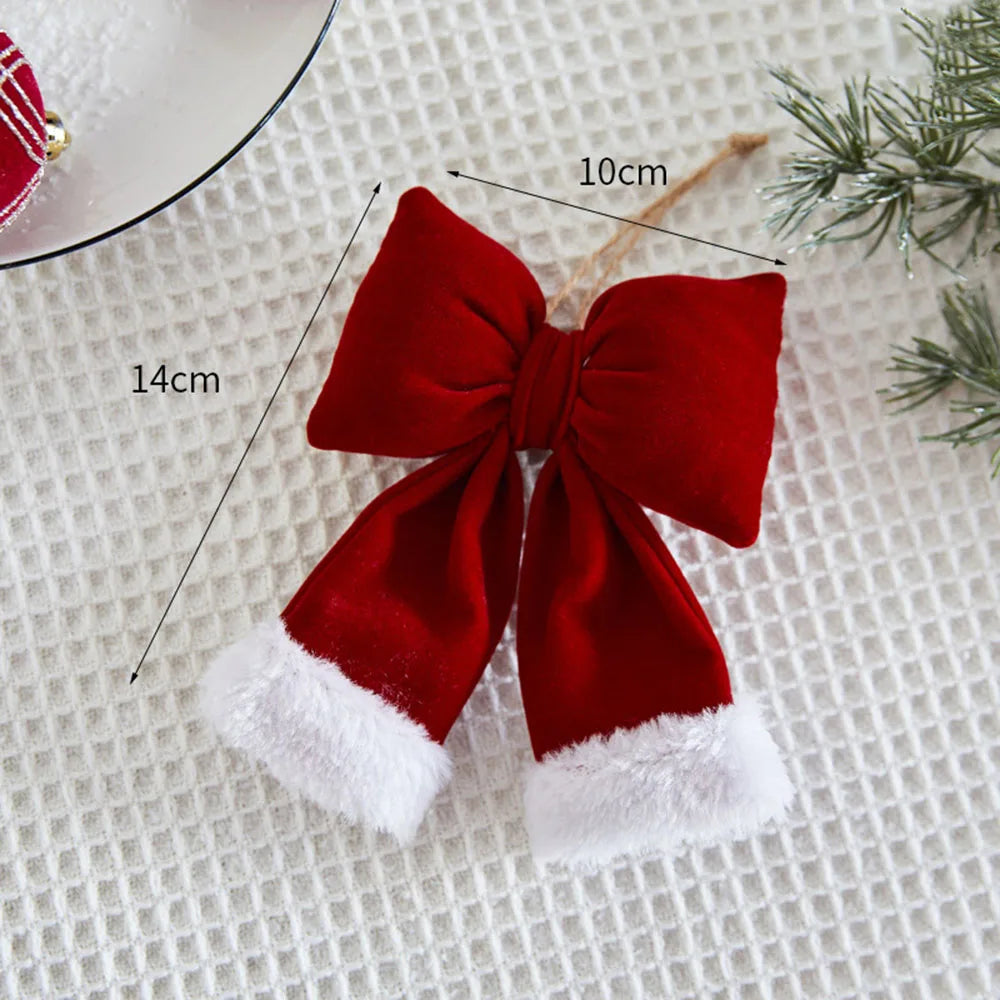 Christmas Bow Decoration Velvet Red Bow Knot Baubles Hanging Ornaments DIY Xmas Trees Pendant For Holiday Home Party Decorations
