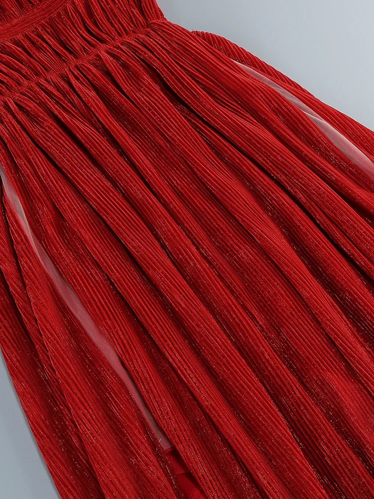 Red Pleated Halter Open Back Maxi Dress