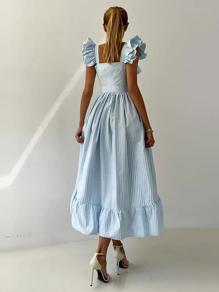 Ruffles Striped Square Collar Buttoned Long Dress