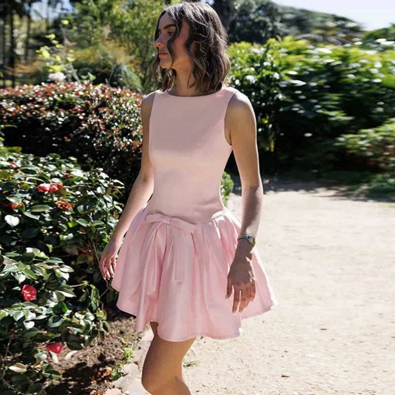 Pink Tank Bow Flare Mini Dress