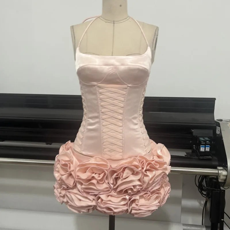 Pink Satin Corset And Frill 3d  Flower Mini Dress