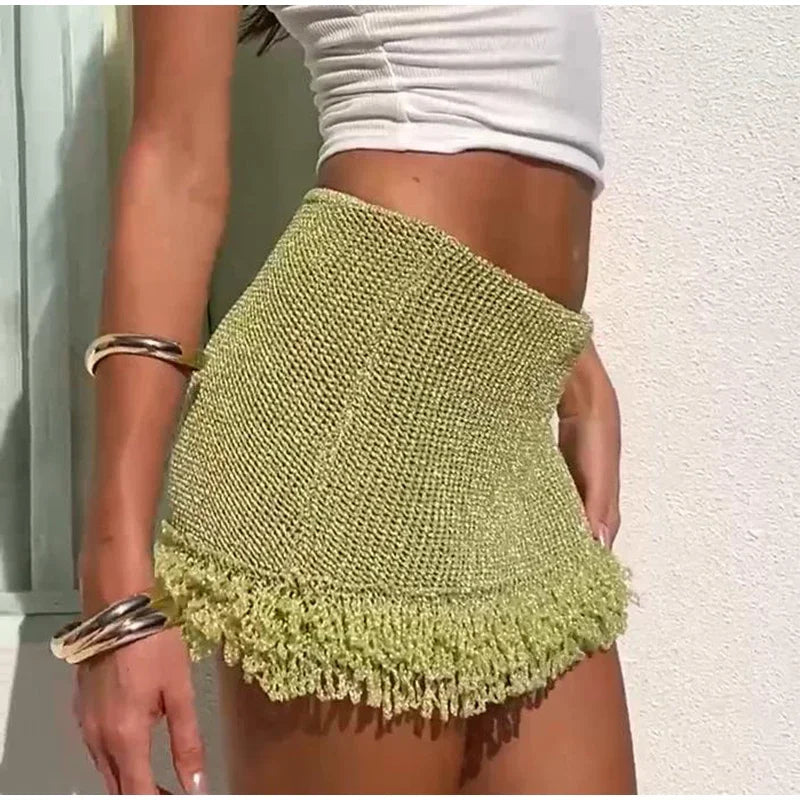 Knitted Tassels Patchwork Mini Skirt