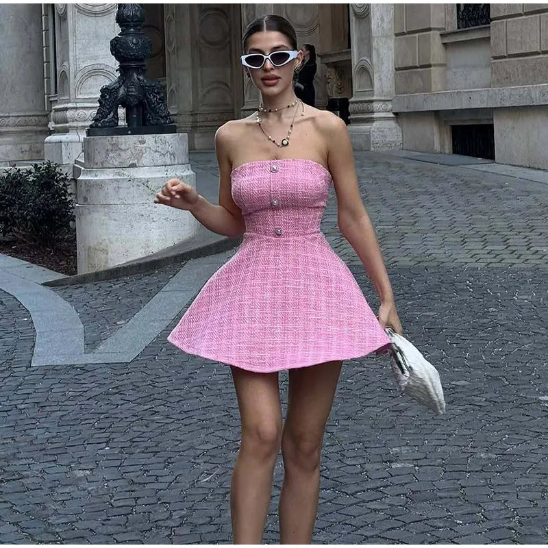 Tweed Strapless Buttoned Mini Dress