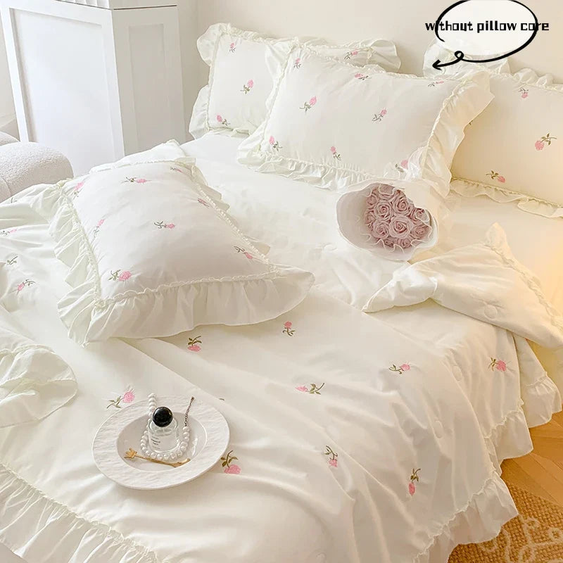 3pcs Rose embroidery Lace Quilt, pillowcase Single Double Summer Air Conditioning Throw Blanket Nap Blanket Thin Quilt