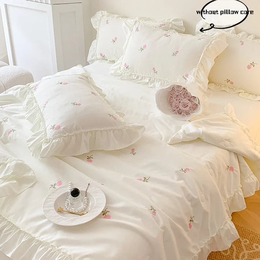 3pcs Rose embroidery Lace Quilt, pillowcase Single Double Summer Air Conditioning Throw Blanket Nap Blanket Thin Quilt