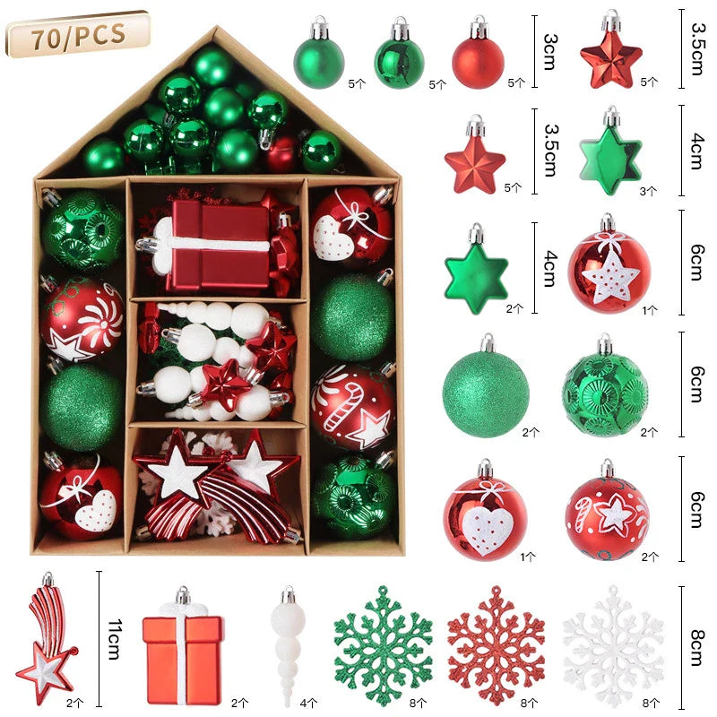 70Pcs/box Christmas Tree Ball Ornaments Snowflake Snowman Star Hanging Pendants Noel Navidad Home Decoration  New Year Gift