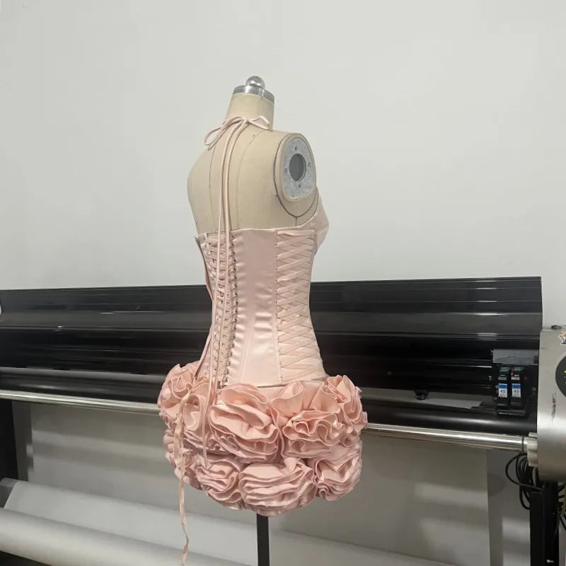 Pink Satin Corset And Frill 3d  Flower Mini Dress
