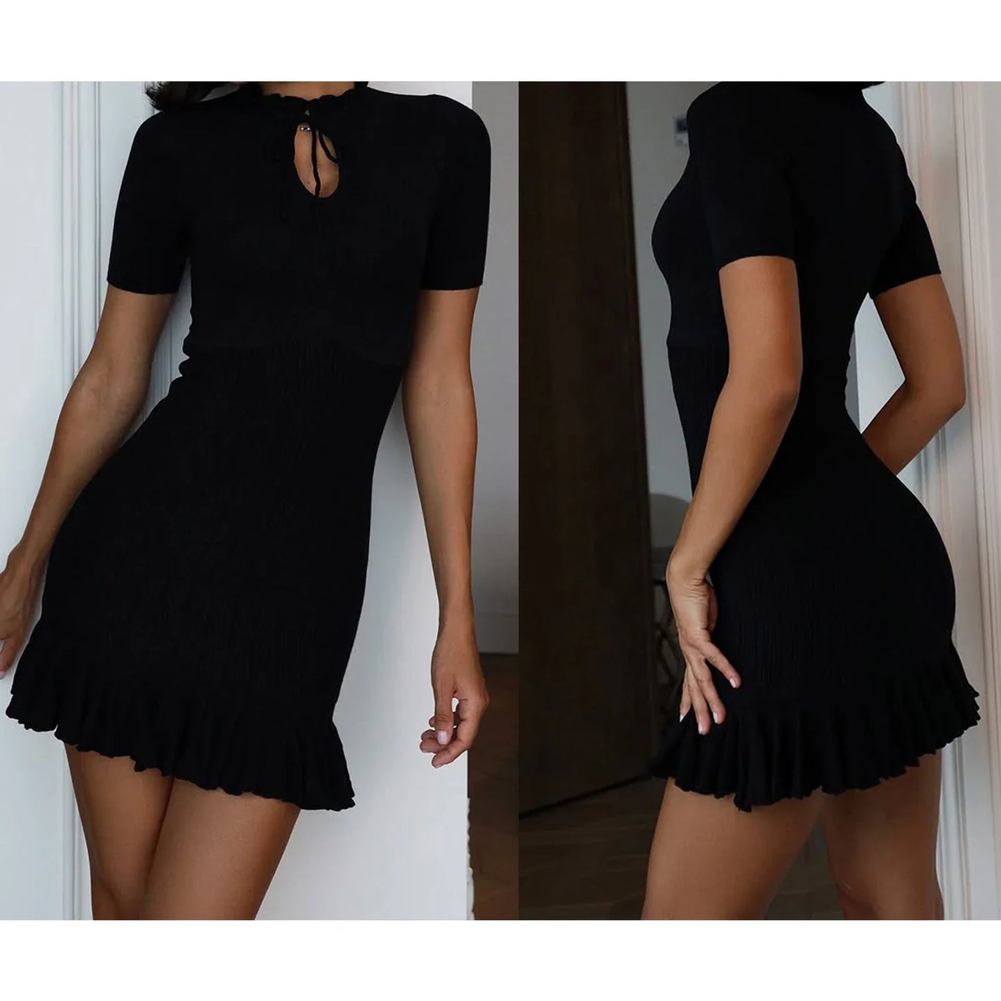 Knit Frill Collar Tie Mini Dress - High Street Chic