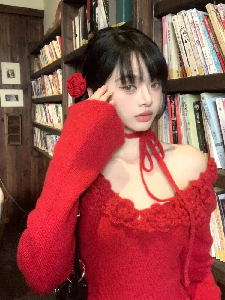 Red 3D Flower Off-Shoulder Long Sleeve Top