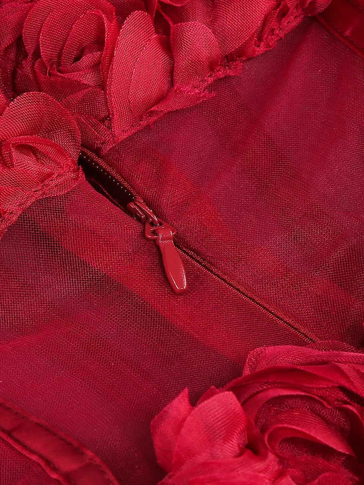 Red Mesh 3d Floral Frill Beaded Strapless Mini Dress