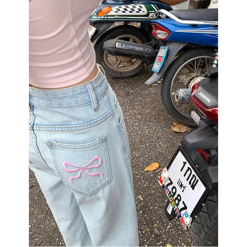 Denim Pink Pocket Bow Embroidery Jeans