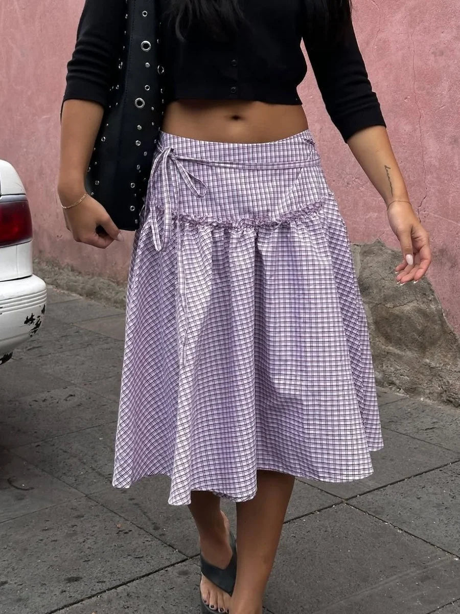 Low Rise Plaid Midi Skirt