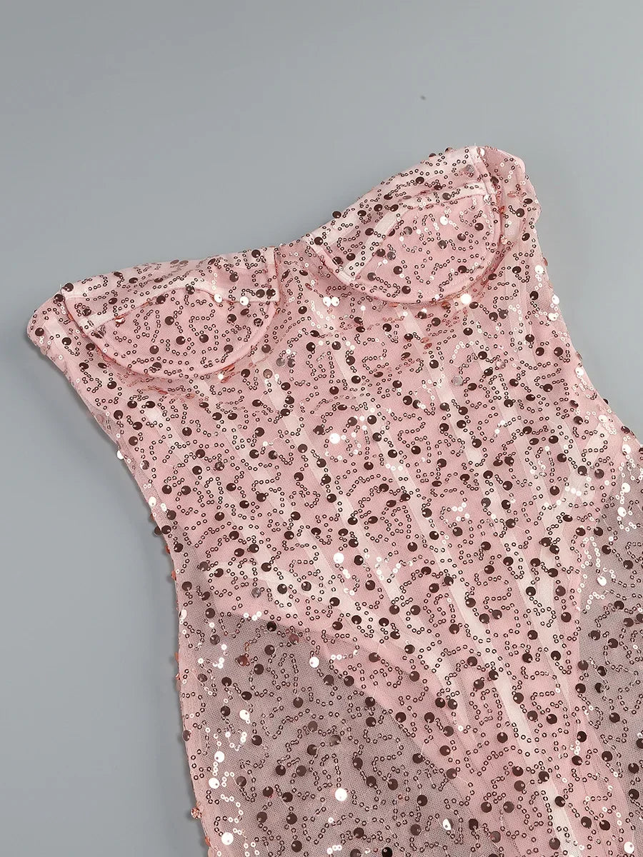 Pink Sequin Bodycon Mesh Maxi Dress
