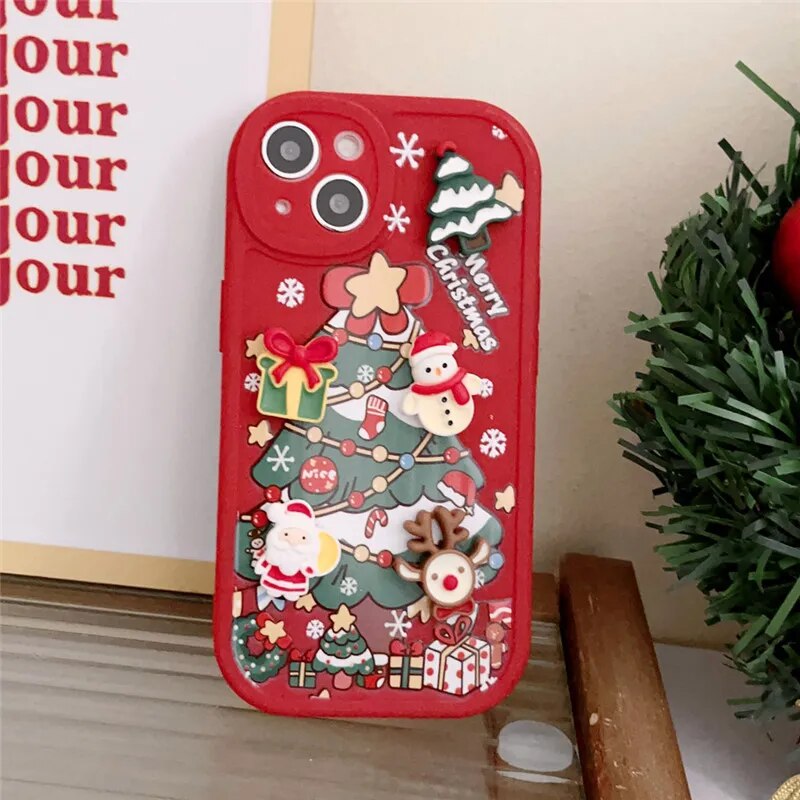 Ottwn 3D Cartoon Elk Santa Claus Tree Christmas Phone Case For iPhone 13 11 12 Pro Max 13 14 Plus X XR XS 7 8 Plus SE Cover