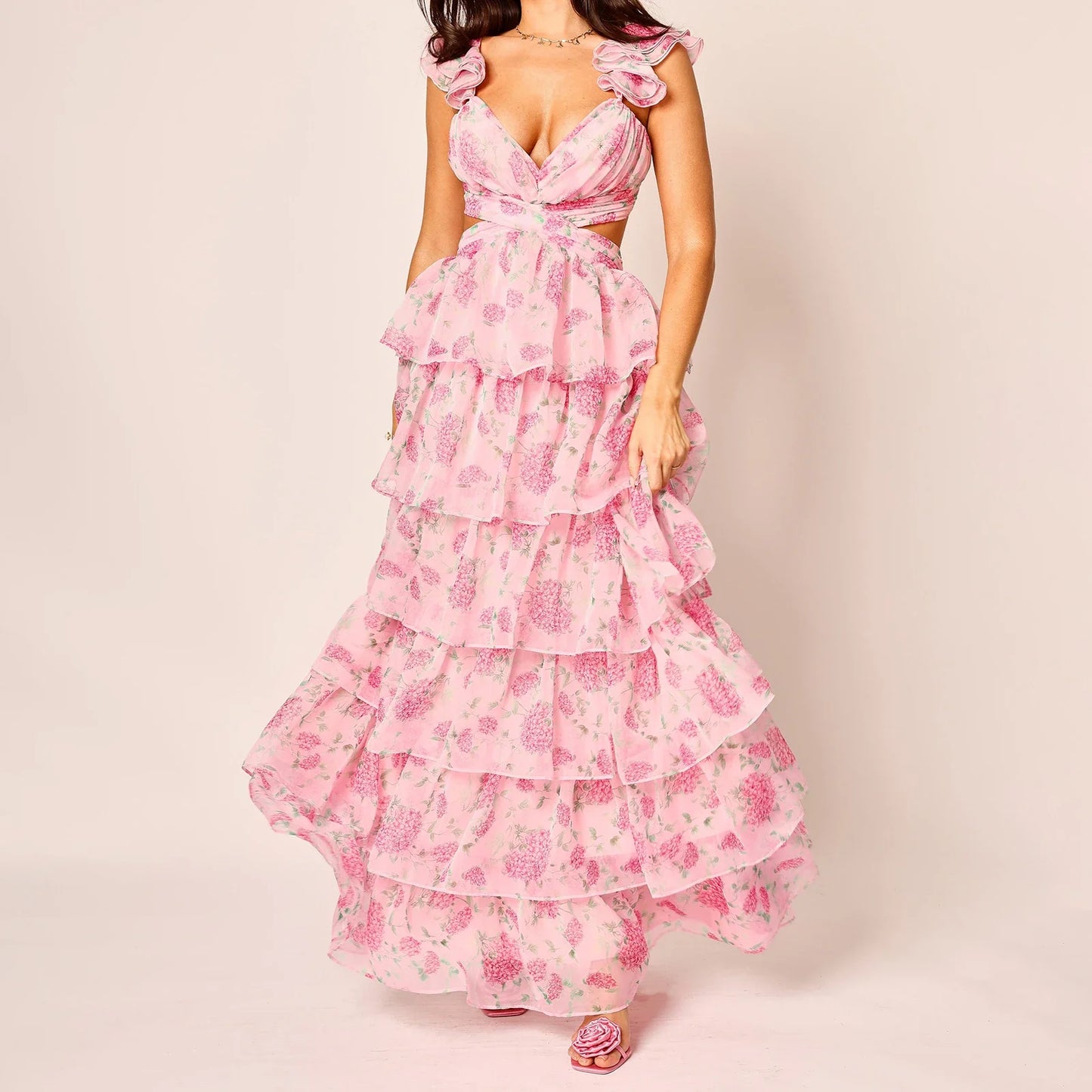 Floral Tiered Ruffles Maxi Dress - V-Neck A-Line