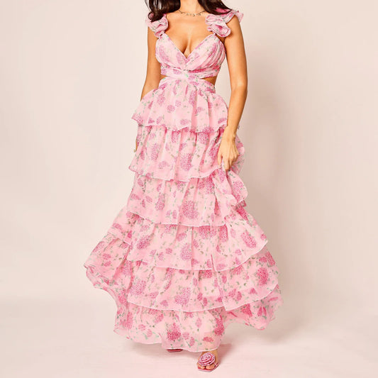 Floral Tiered Ruffles Maxi Dress - V-Neck A-Line
