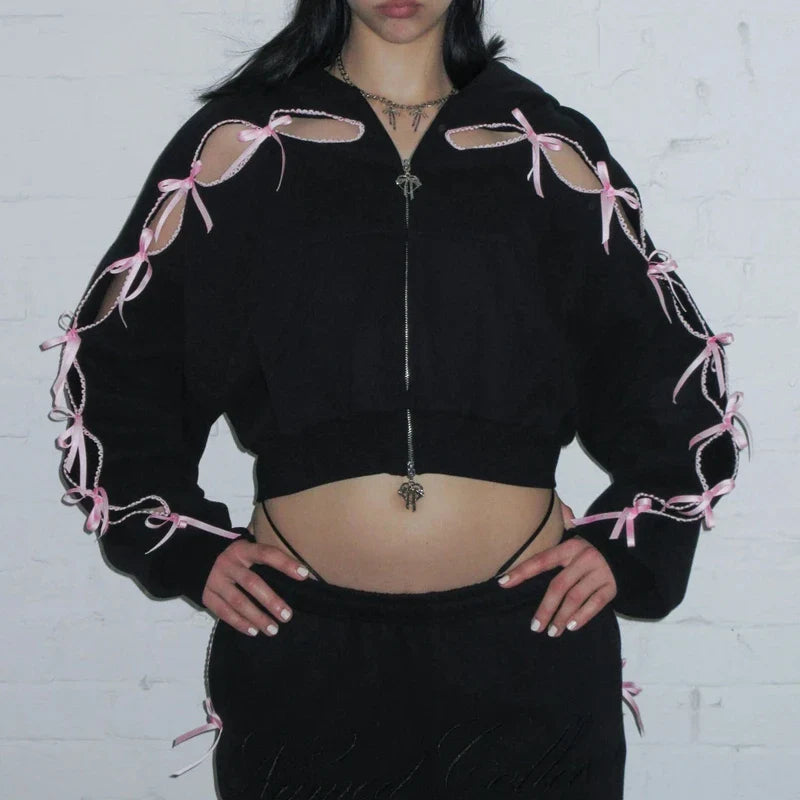Ribbion Cut Out Design Zipper Crop Hoodie