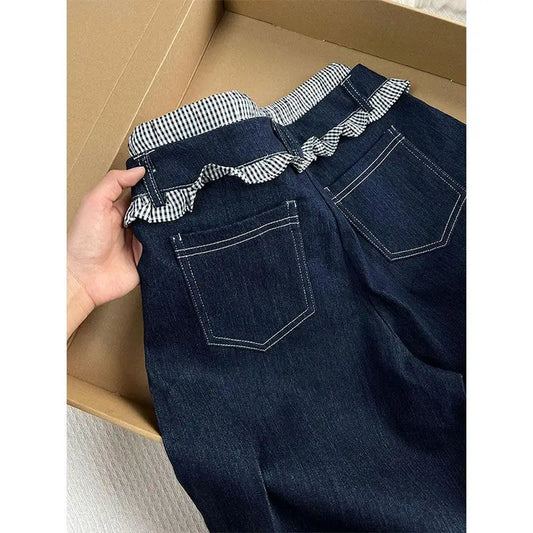 Plaid Patchwork Denim Pants