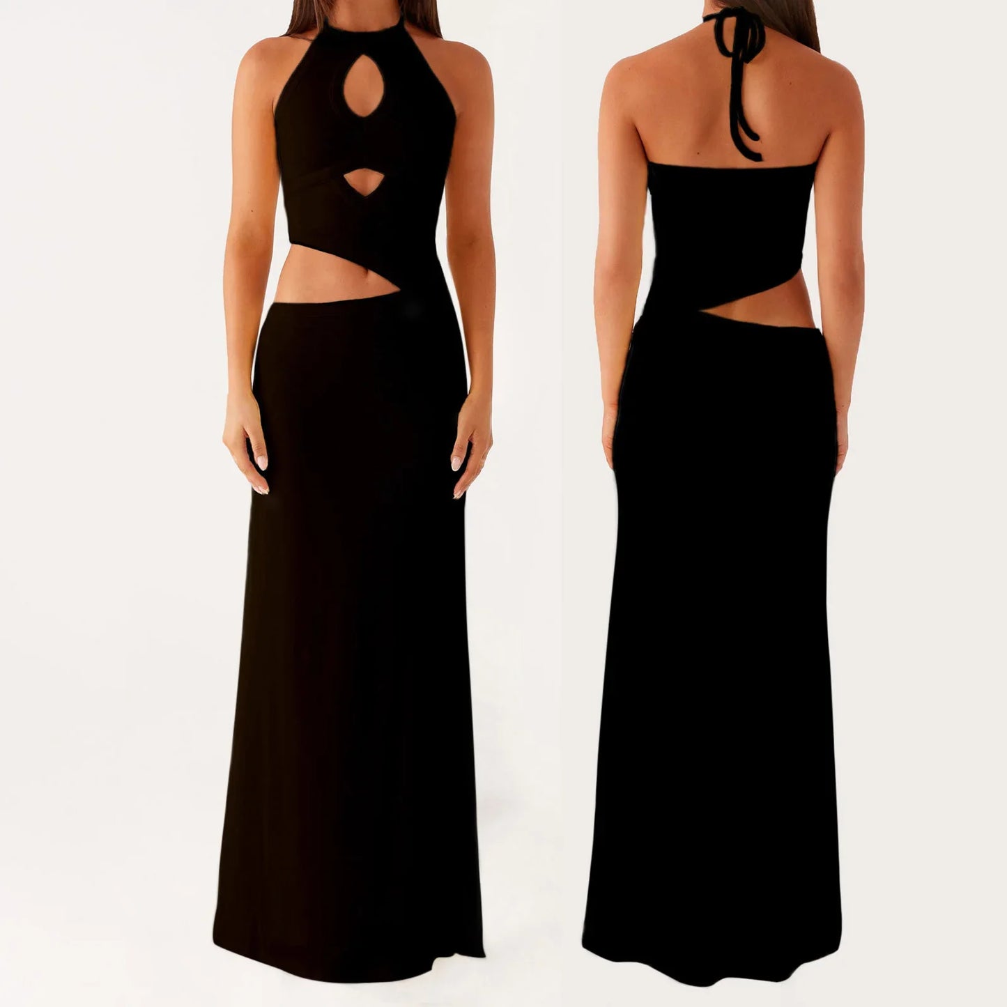 Cutout Solid Long Dress - Halter Neck A-Line