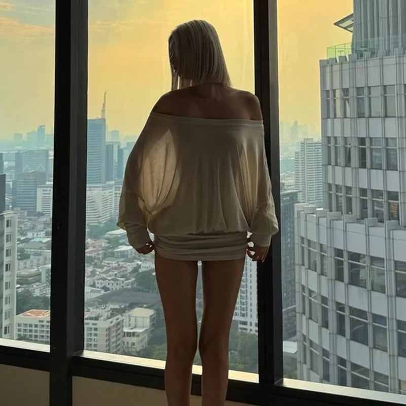 Sheer Off-shoulder along Sleeve Puff Mini Dress