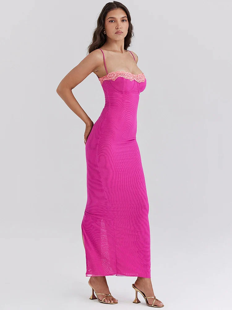 Lace Spaghetti Strap Mesh Midi Dress