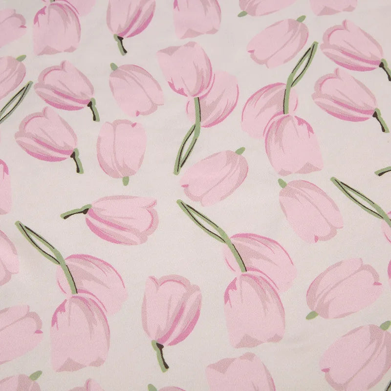 Pink Tulip Print Lace Strap Midi Dress